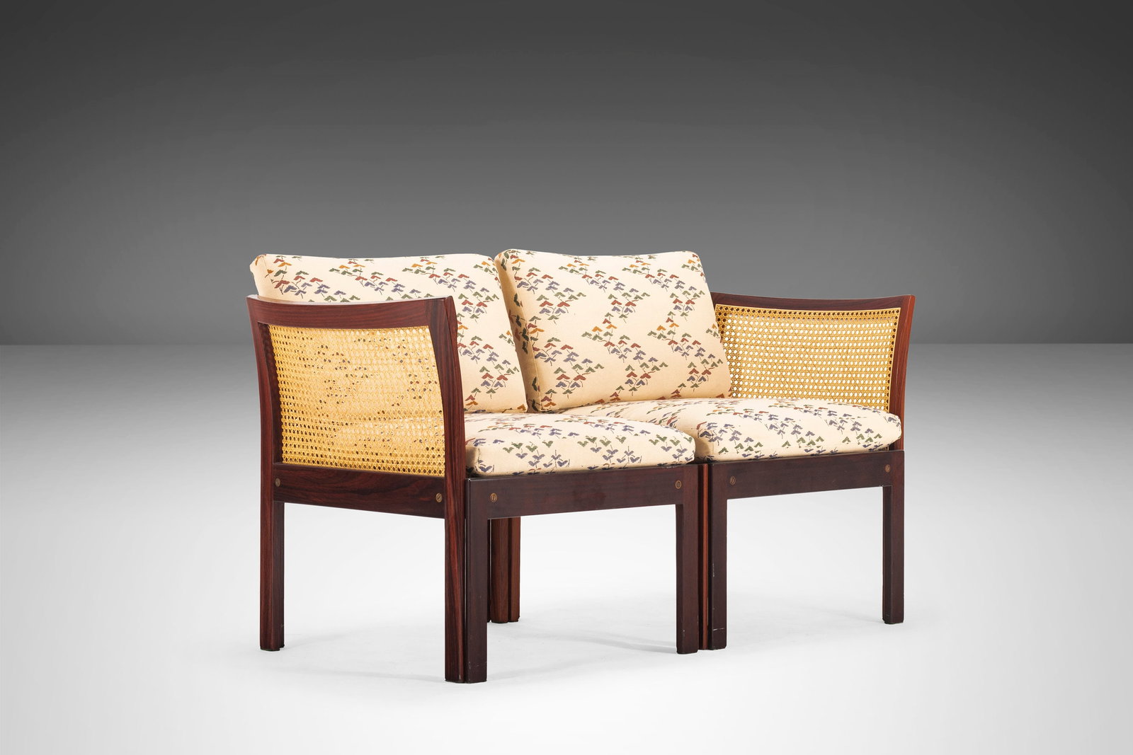 Mid Century Illum Wikkelso Plexus Rosewood & Cane Sofa Chairs Denmark 1960s: Mid Century Illum Wikkelso Plexus Rosewood & Cane Sofa Chairs Denmark 1960s Experience the elegance of mid-century design with this Plexus Modular Two Seater Sofa / Chairs, expertly crafted by Illum W