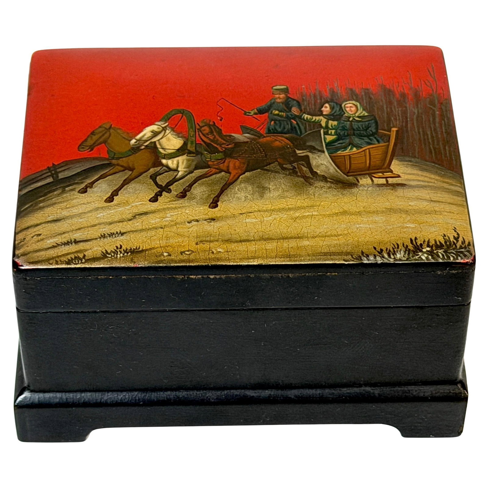 Lukutin Factory Russian Papier-Mache Box with Troika Scene Circa 1880-1910: Lukutin Factory Russian Papier-Mache Box with Troika Scene Circa 1880-1910 This Imperial Russian lacquered papier-mache box was crafted by the renowned Lukutin Factory in Moscow between 1880 and 1910.