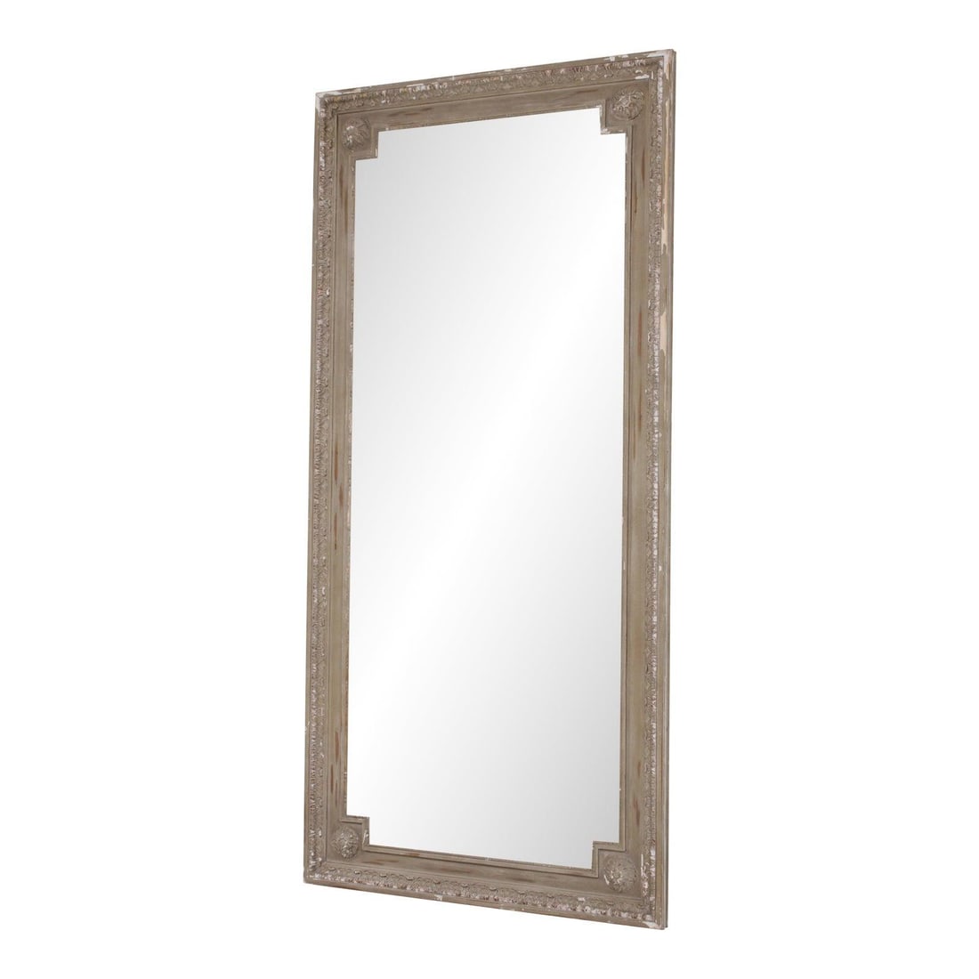 French Inspired Carved Hall Mirror with Distressed Finish 46w x 95h: French Inspired Carved Hall Mirror with Distressed Finish 46w x 95h This large French style hall mirror features finely carved details and a distressed painted finish, giving it the appearance of an a