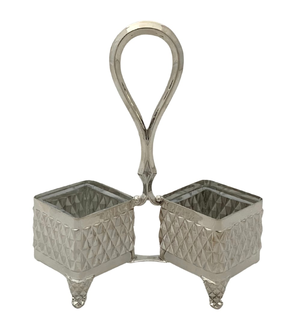 Topazio 925 Sterling Silver Handmade Diamond Shape Double Salt Holder: Topazio 925 Sterling Silver Handmade Diamond Shape Double Salt Holder This exquisite double salt holder is crafted from 925 sterling silver, showcasing a unique handmade diamond shape design with a sl