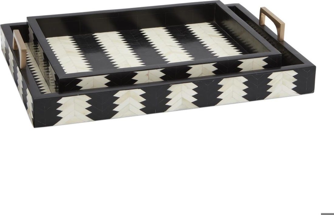 Currey Arrow Collection Brass Finish Modern Trays Set: Currey Arrow Collection Brass Finish Modern Trays Set Elevate your home decor with these sleek modern trays that feature a striking contrast. Crafted from a unique bone brass composite wood, these tra