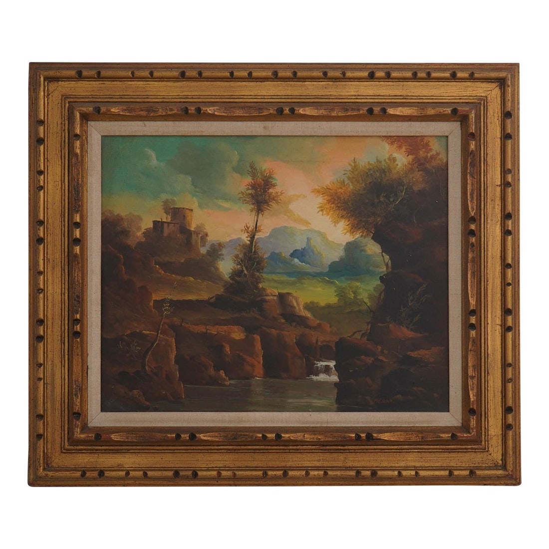 European Lake View Oil Painting Signed by Means Circa 1950s in Gold Frame: European Lake View Oil Painting Signed by Means Circa 1950s in Gold Frame This oil painting on canvas from the 1950s features a serene European lake scene and is artist signed. The artwork is presente
