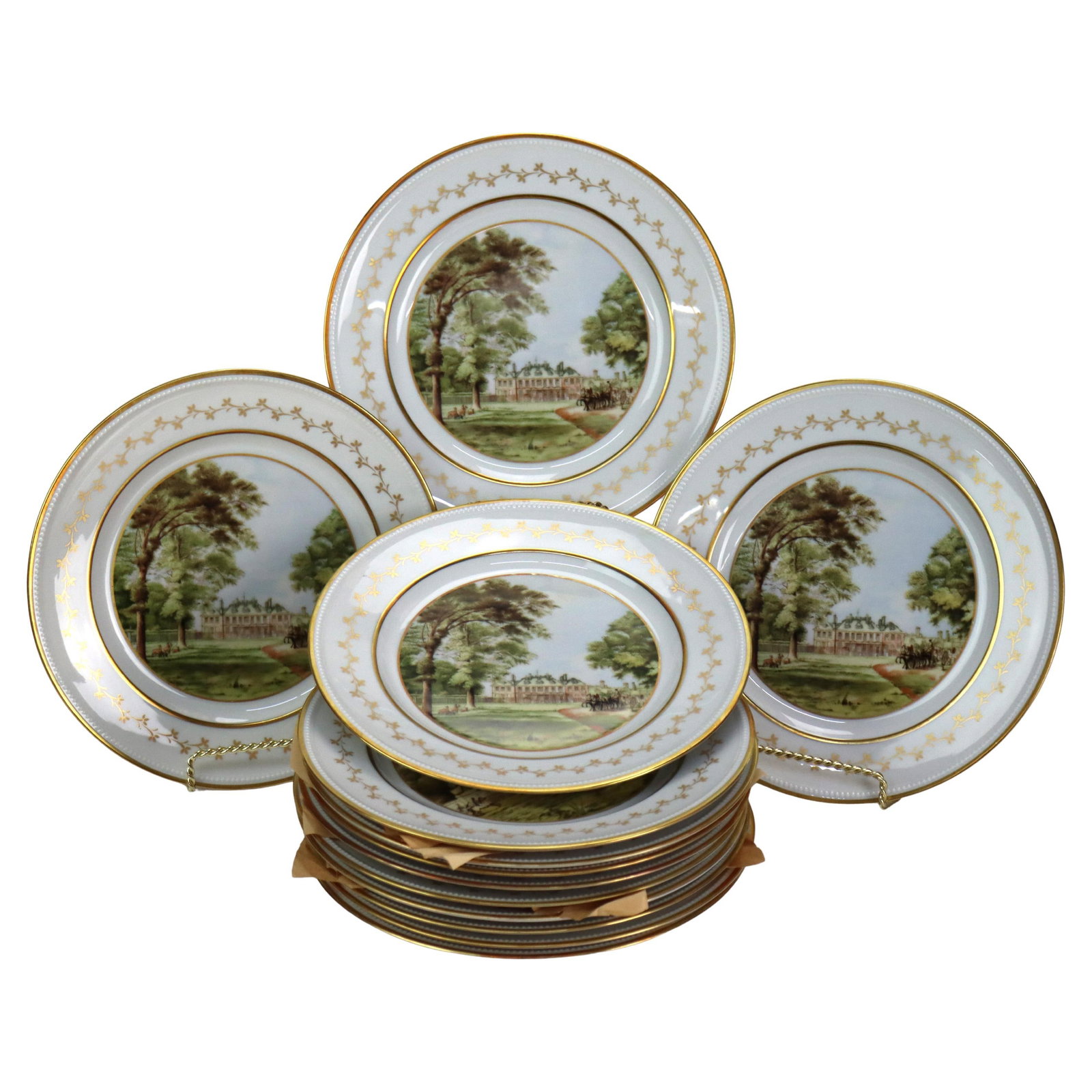 Set of 13 Mid-Century German Country Scene Porcelain Plates with Gilt Detailing (1 of 4)