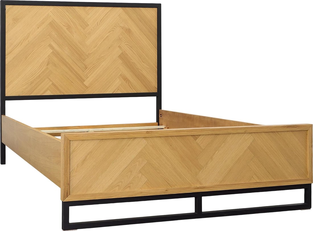 Marino Bed Modern Oak Veneer Black Metal Frame 59H 63W 85D: Marino Bed Modern Oak Veneer Black Metal Frame 59H 63W 85D Elevate your bedroom with the Modern Oak Veneer Marino Bed Design, featuring a sleek black metal frame complemented by rich oak veneer. This 