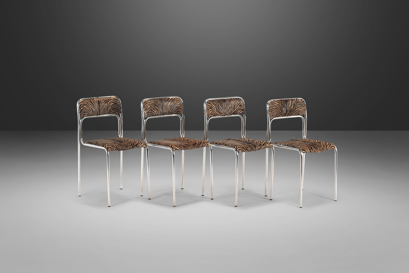 Set of 4 Italian Mid Century Modern Chrome Chairs Otto Gerdau Hair On Hide 1970s (1 of 10)