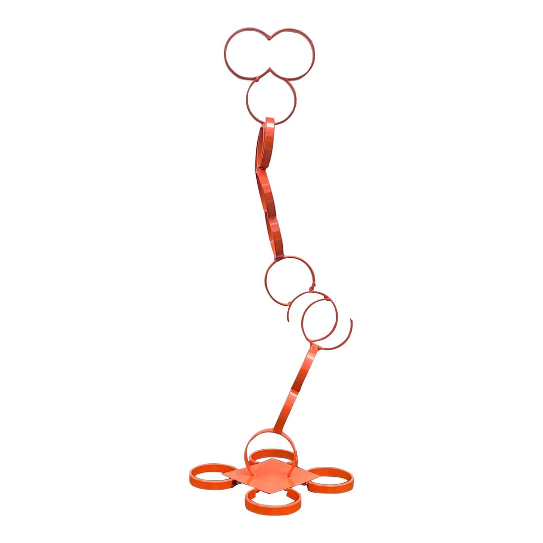 Steel Abstract Sculpture with Geometric Postmodern Design in Tangerine Finish: Steel Abstract Sculpture with Geometric Postmodern Design in Tangerine Finish This vintage Postmodern geometric abstract sculpture is expertly crafted from steel and showcases interconnected circular 
