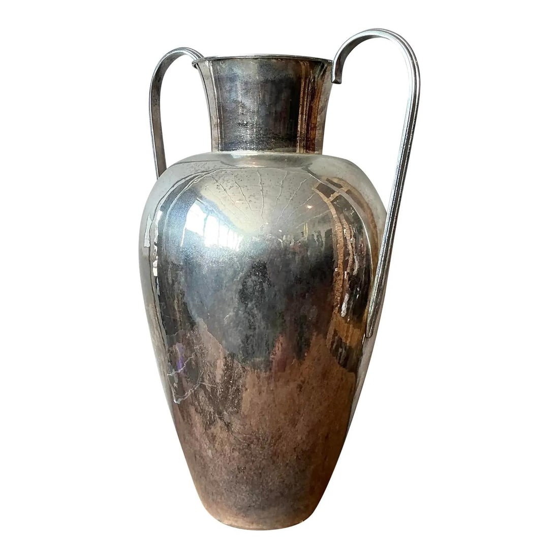 24" Silverplate Amphora Vase with Handles by Egidio Broggi Milano: 24" Silverplate Amphora Vase with Handles by Egidio Broggi Milano This vintage Egidio Broggi Milano vase from Italy features a striking amphora-inspired silhouette crafted from reflective silverplate.