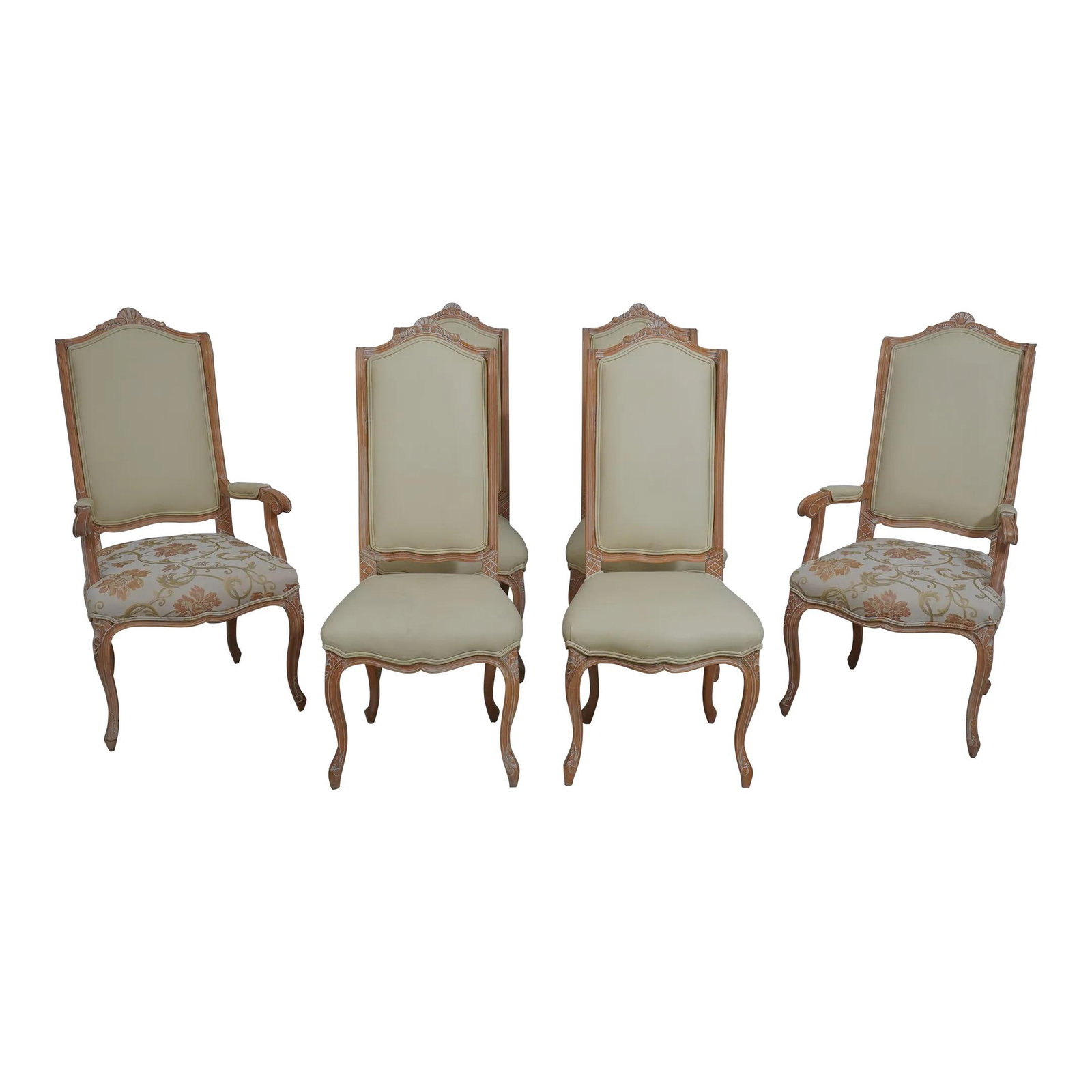 Set of 6 Louis XV Style White Wash Leather Dining Chairs: Set of 6 Louis XV Style White Wash Leather Dining Chairs Enhance your dining experience with this exquisite set of 6 French Louis XV Style Leather Dining Room Chairs. Crafted with a quality cream colo