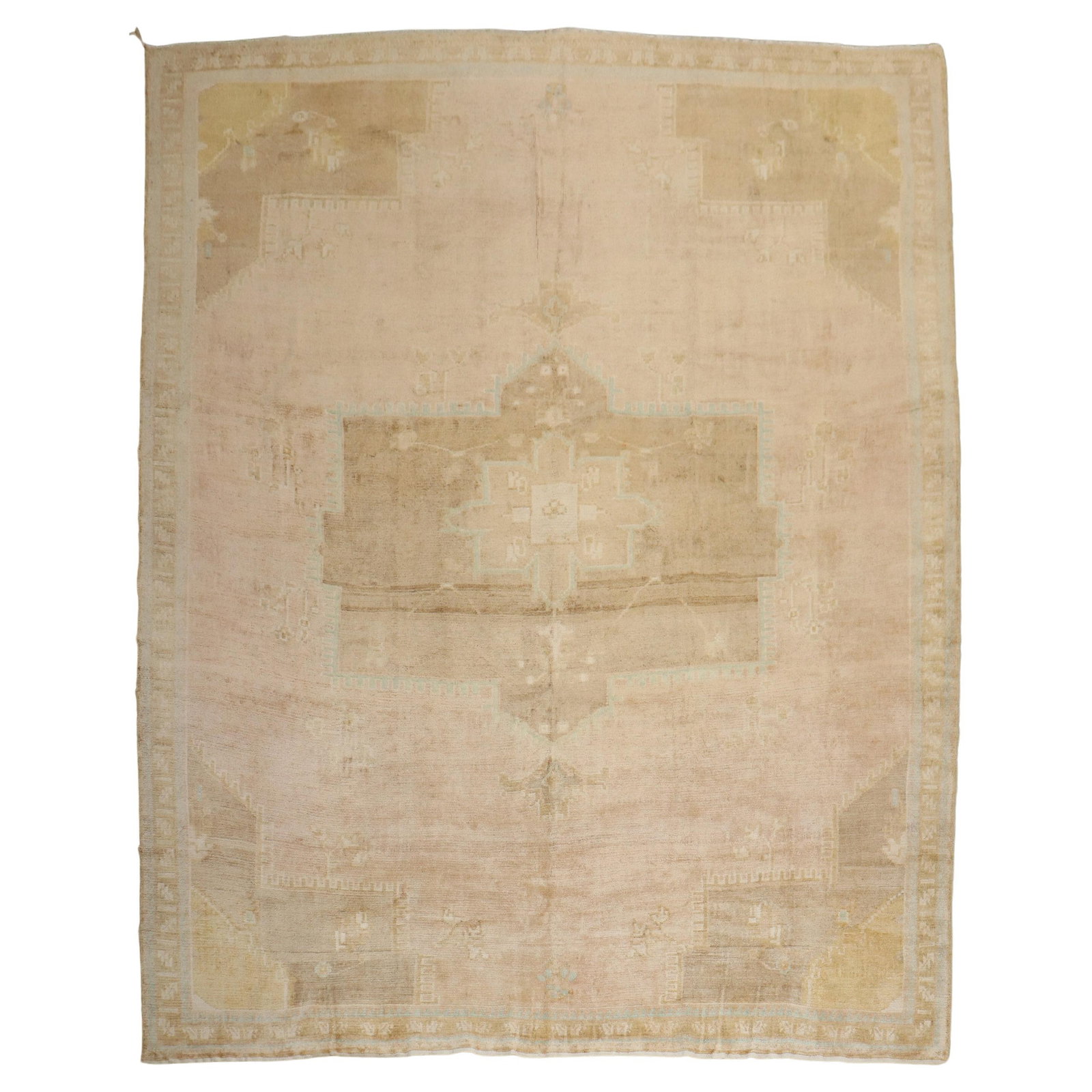 Mid-20th Century Geometric Turkish Wool Rug 10'5 x 12'3 Pink Victorian: Mid-20th Century Geometric Turkish Wool Rug 10'5 x 12'3 Pink Victorian Enhance your living space with this stunning geometric vintage Turkish room size rug, a true statement piece from the mid-20th ce