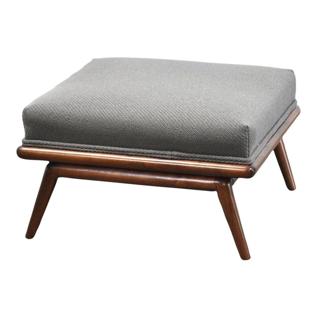 T.H. Robsjohn Gibbings Walnut Ottoman Grey Fabric Mid-Century Modern: T.H. Robsjohn Gibbings Walnut Ottoman Grey Fabric Mid-Century Modern This elegant mid-century modern ottoman, designed by T.H. Robsjohn Gibbings, features a rich walnut finish and is professionally re