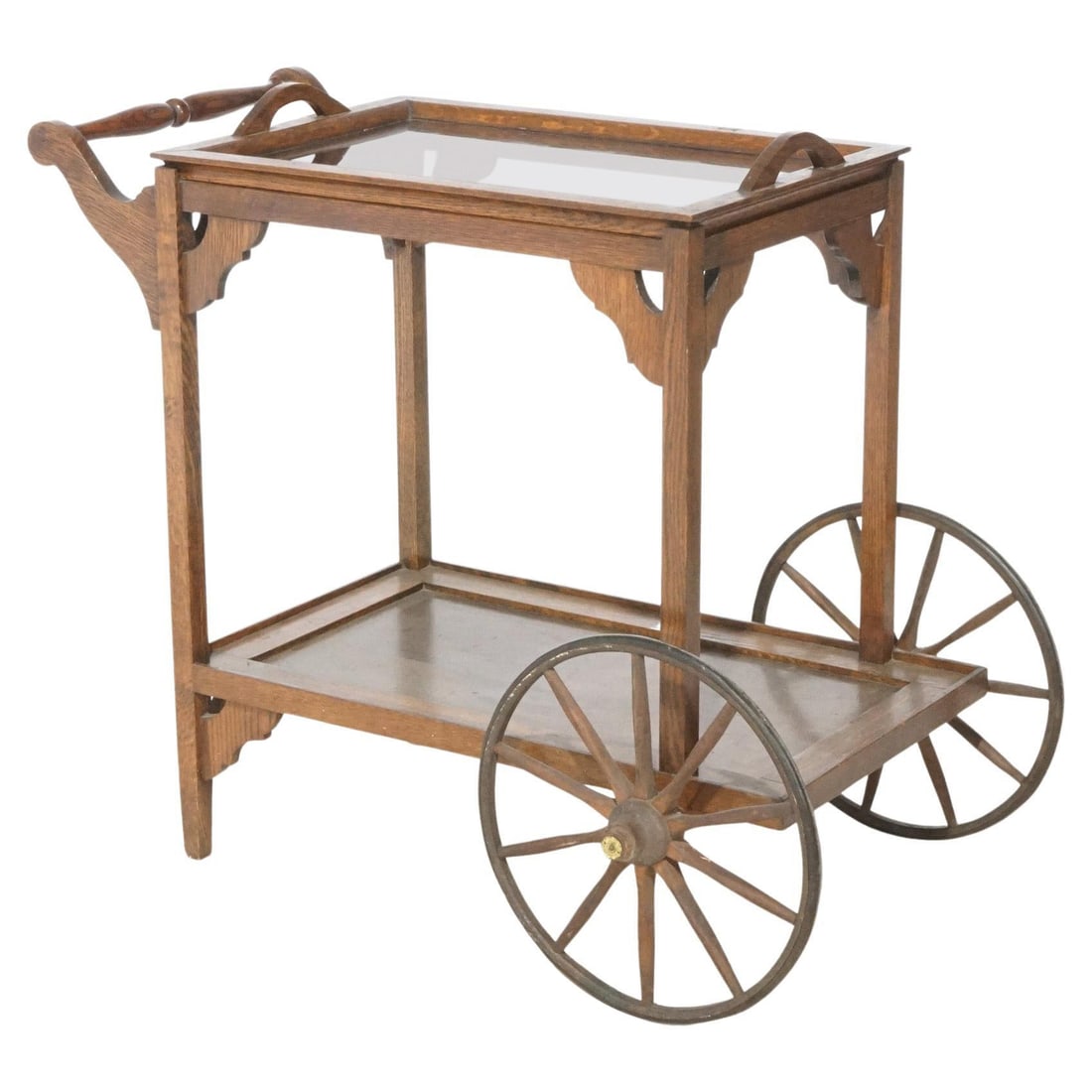 C1910 Antique Arts and Crafts Mission Oak Tea Cart with Glass Tray: C1910 Antique Arts and Crafts Mission Oak Tea Cart with Glass Tray This antique Arts and Crafts Mission Oak Tea Serving Cart, crafted circa 1910, showcases a blend of functionality and craftsmanship c