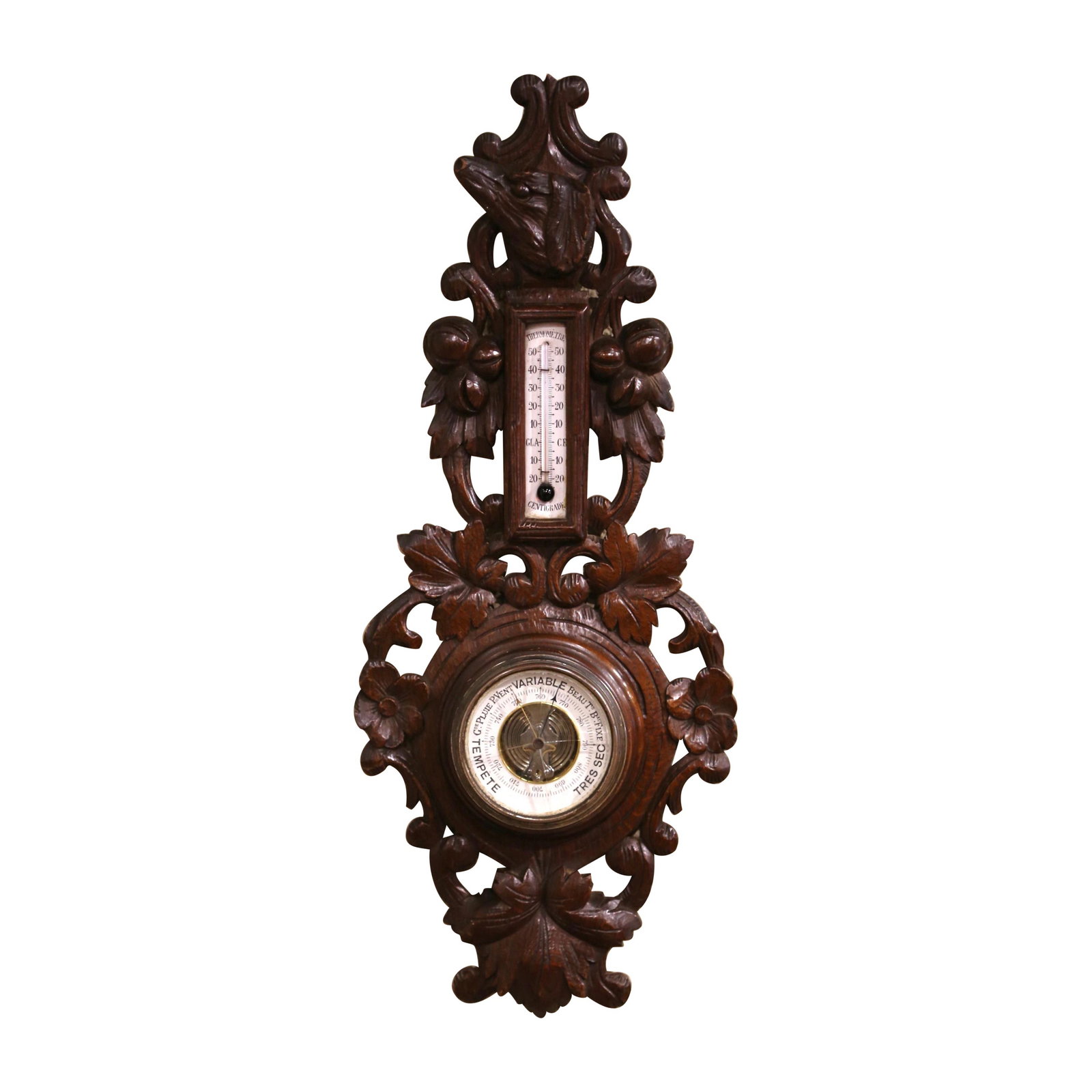 Antique 19th Century French Black Forest Barometer Thermometer Dog Motif: Antique 19th Century French Black Forest Barometer Thermometer Dog Motif This exquisite 19th Century French wall-mounted barometer and thermometer features a stunning Black Forest style, crafted from 