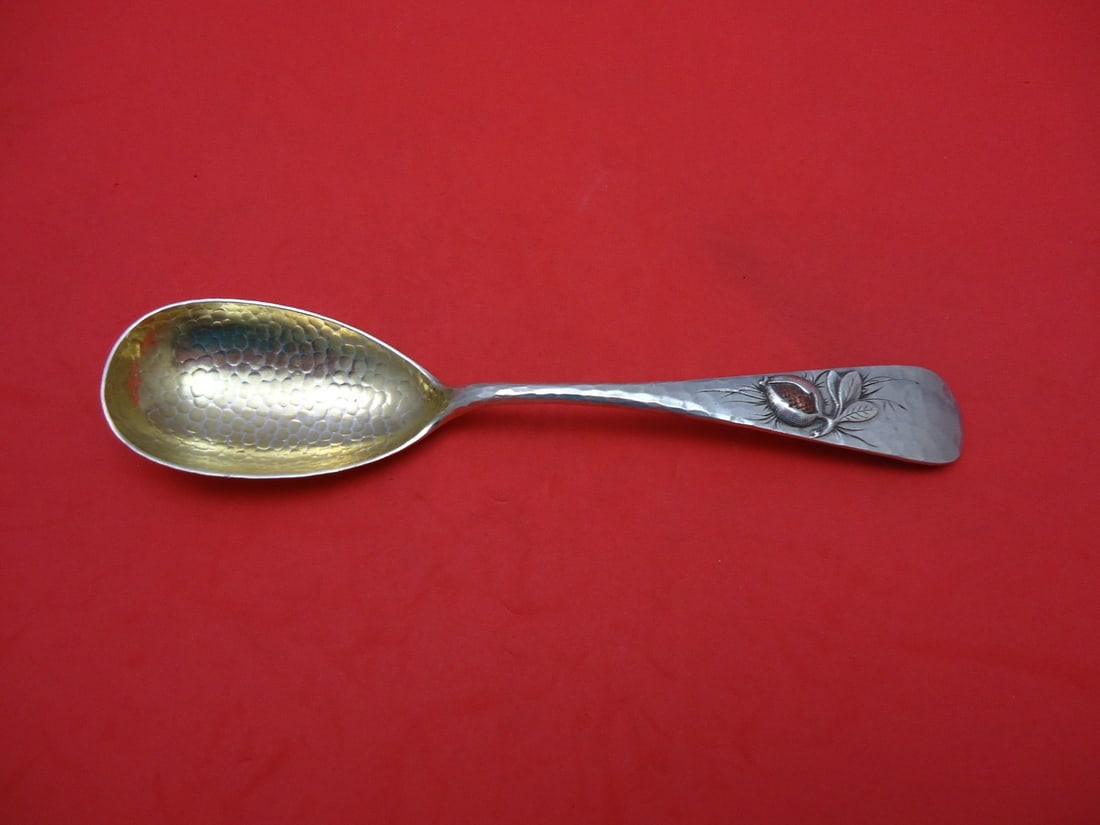 Whiting Sterling Silver Preserve Spoon Mixed Metals Fruit Leaf Design 7 1/8": Whiting Sterling Silver Preserve Spoon Mixed Metals Fruit Leaf Design 7 1/8" This exquisite preserve spoon from the renowned maker Whiting showcases a stunning combination of sterling silver with appl