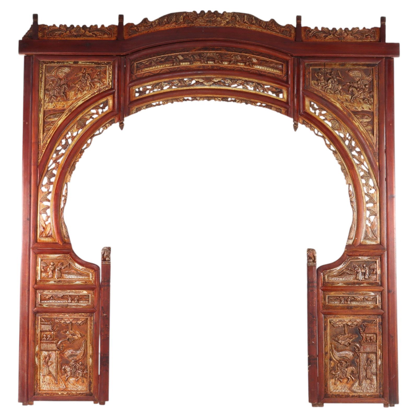Chinese Rosewood Entryway Panel With Gilt and Vermillion Scenic Carvings 20th Century (1 of 16)