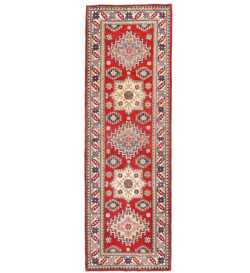 Hand-Knotted Wool Tribal Geometric Runner Rug 2'9 x 8'5 Red: Hand-Knotted Wool Tribal Geometric Runner Rug 2'9 x 8'5 Red This Kazak Oriental runner rug features a striking tribal geometric pattern in shades of red, cream, blue, gray, brown, coral, and pink. Han