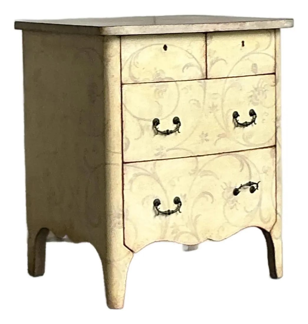 Hand Painted Neoclassical Chest with Patina Italian Floral Motifs: Hand Painted Neoclassical Chest with Patina Italian Floral Motifs This vintage Italian chest features a hand-painted patina finish with delicate floral and scroll motifs, reflecting Neoclassical desig