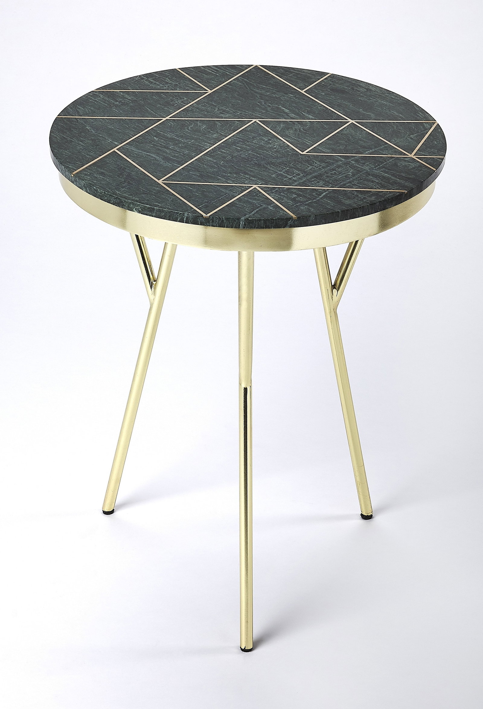 Butler Haven Contemporary Round Side Table Green Marble Brass Inlay: Butler Haven Contemporary Round Side Table Green Marble Brass Inlay Elevate your space with this Modern Brass Inlay Green Marble Table. This contemporary round side table combines a sleek design with 