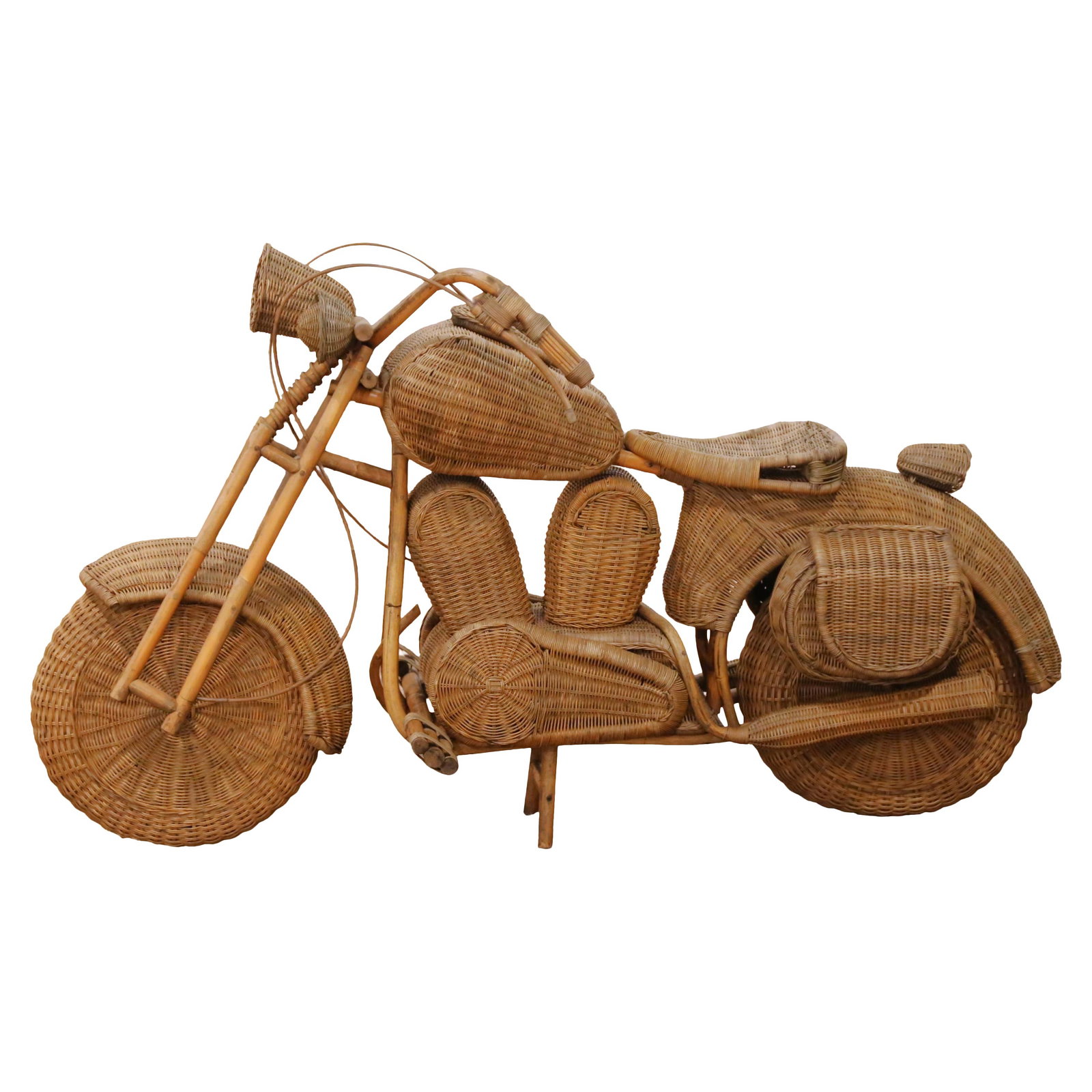 Handcrafted Wicker Motorcycle Sculpture England Attributed to Tom Dixon Circa 1980: Handcrafted Wicker Motorcycle Sculpture England Attributed to Tom Dixon Circa 1980 This vintage handwoven wicker motorcycle sculpture, attributed to Tom Dixon and dating to circa 1980, showcases excep
