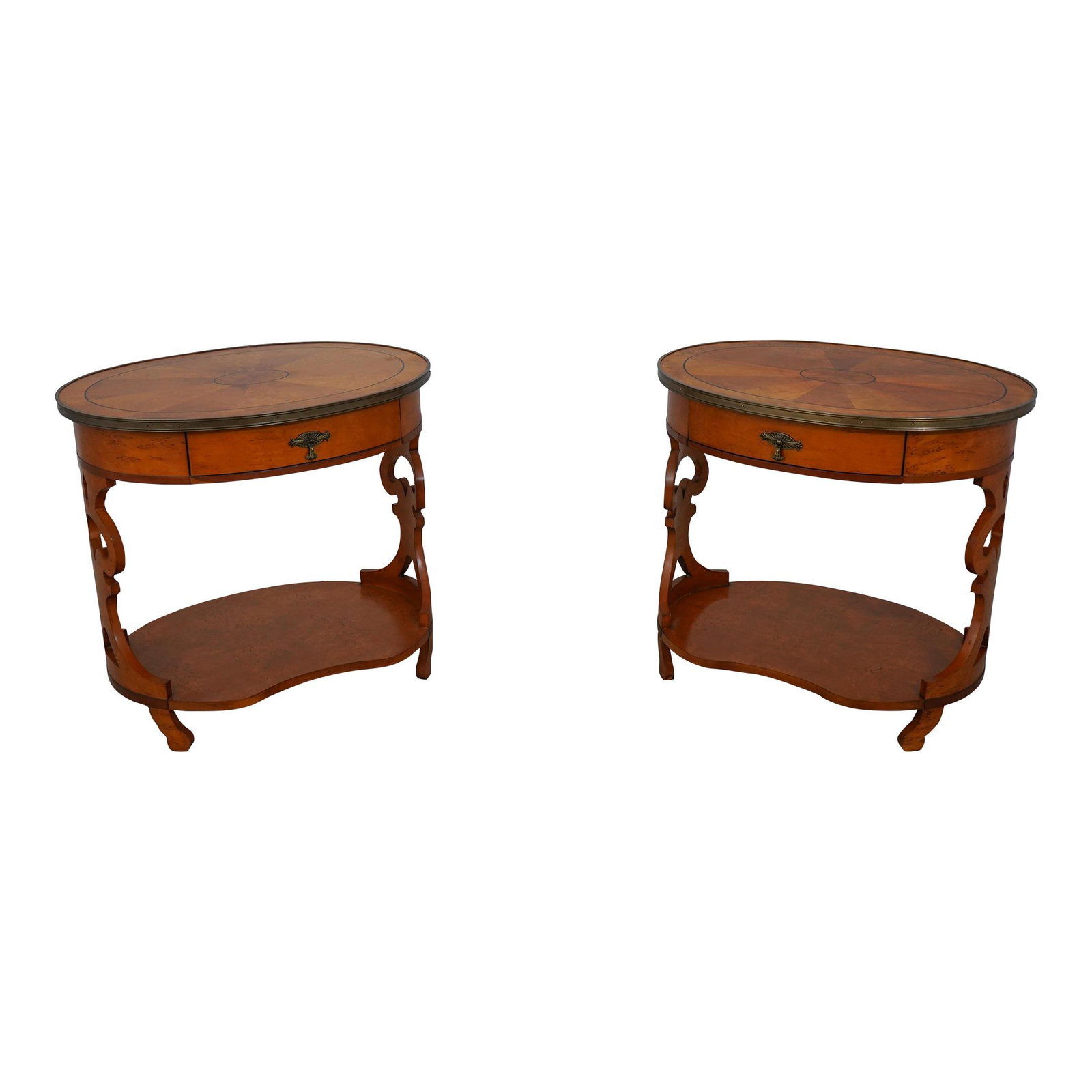 John Widdicomb Biedermeier Style Lamp Tables Pair Brass Trimmed Satinwood Finish: John Widdicomb Biedermeier Style Lamp Tables Pair Brass Trimmed Satinwood Finish This exquisite pair of lamp tables features a classic Biedermeier style, showcasing an elegant satinwood finish complem