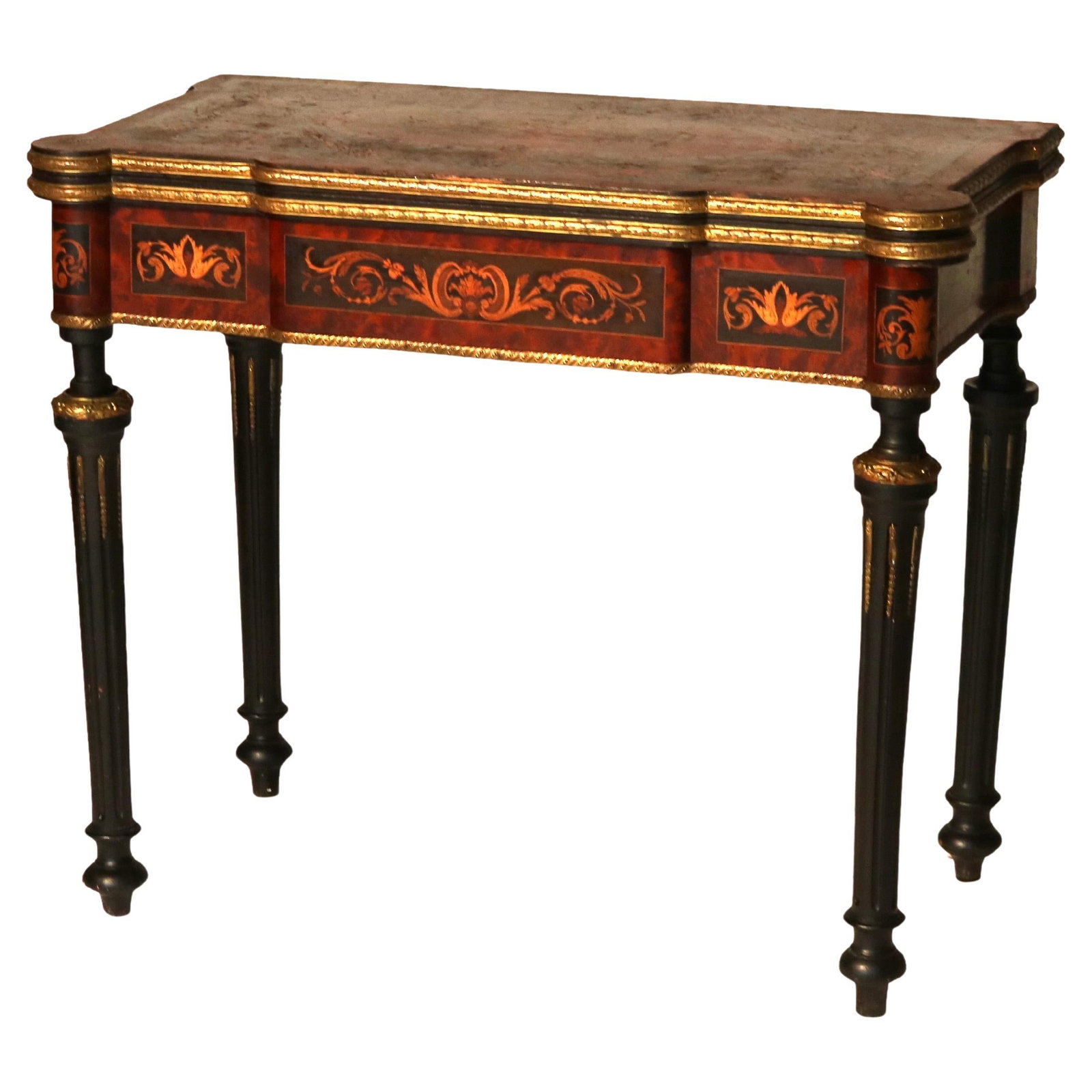 Antique French Card Table Ebonized Ormolu Inlay C1880: Antique French Card Table Ebonized Ormolu Inlay C1880 This exquisite Antique French Ebonized, Ormolu & Inlay Card Table, crafted around 1880, exemplifies the elegance of late 19th-century design. The 