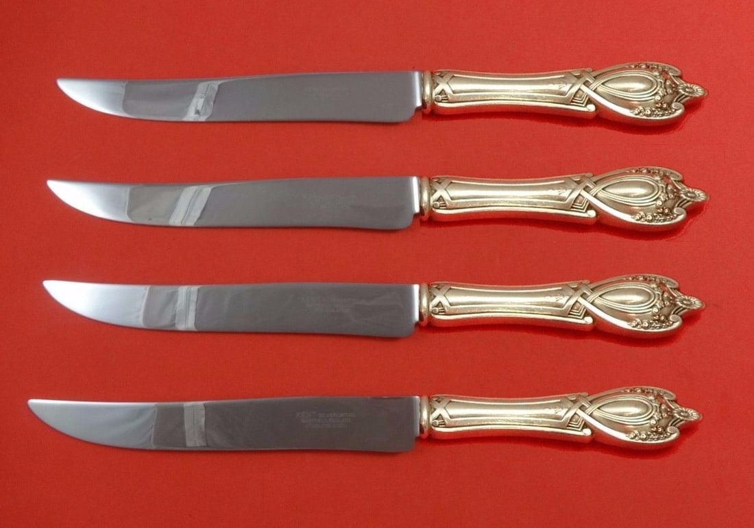 Lunt Monticello Sterling Silver Steak Knife Set 4pc Texas Sized: Lunt Monticello Sterling Silver Steak Knife Set 4pc Texas Sized Experience the elegance of dining with this Monticello by Lunt Sterling Silver Steak Knife Set. This 4-piece collection features large, 