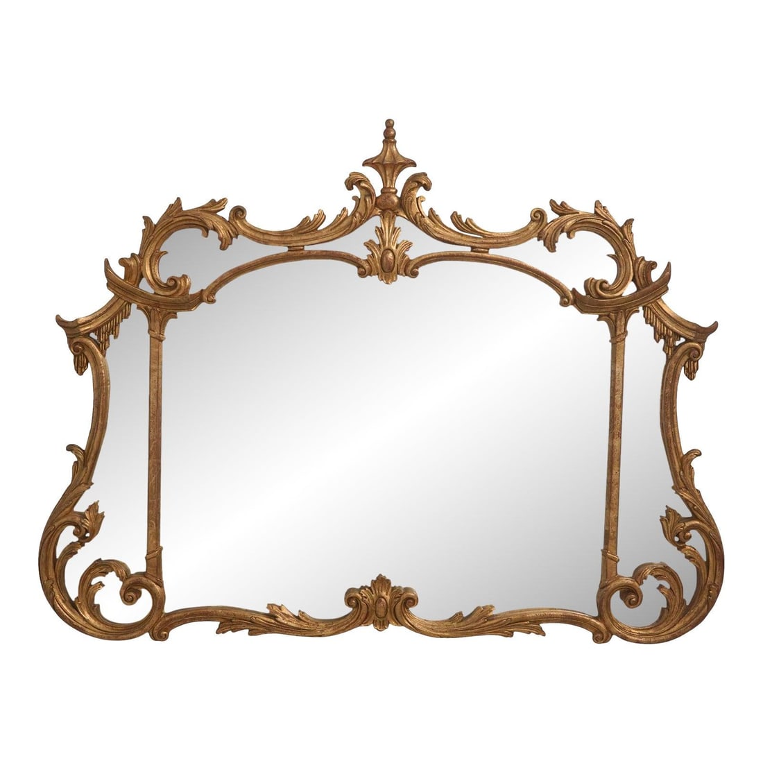 Chippendale Style Ornate Gold Pagoda Mirror for Mantle or Sideboard 52w x 39h: Chippendale Style Ornate Gold Pagoda Mirror for Mantle or Sideboard 52w x 39h This Italian Chippendale style mirror features a horizontal layout with a pagoda-inspired top and an ornate carved frame. 