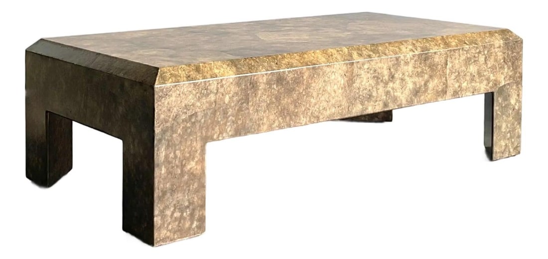 Amber Lacquered Parsons Style Coffee Table With Beveled Parchment Finish: Amber Lacquered Parsons Style Coffee Table With Beveled Parchment Finish This vintage Postmodern coffee table features a lacquered finish that artfully simulates the texture of parchment or goatskin i