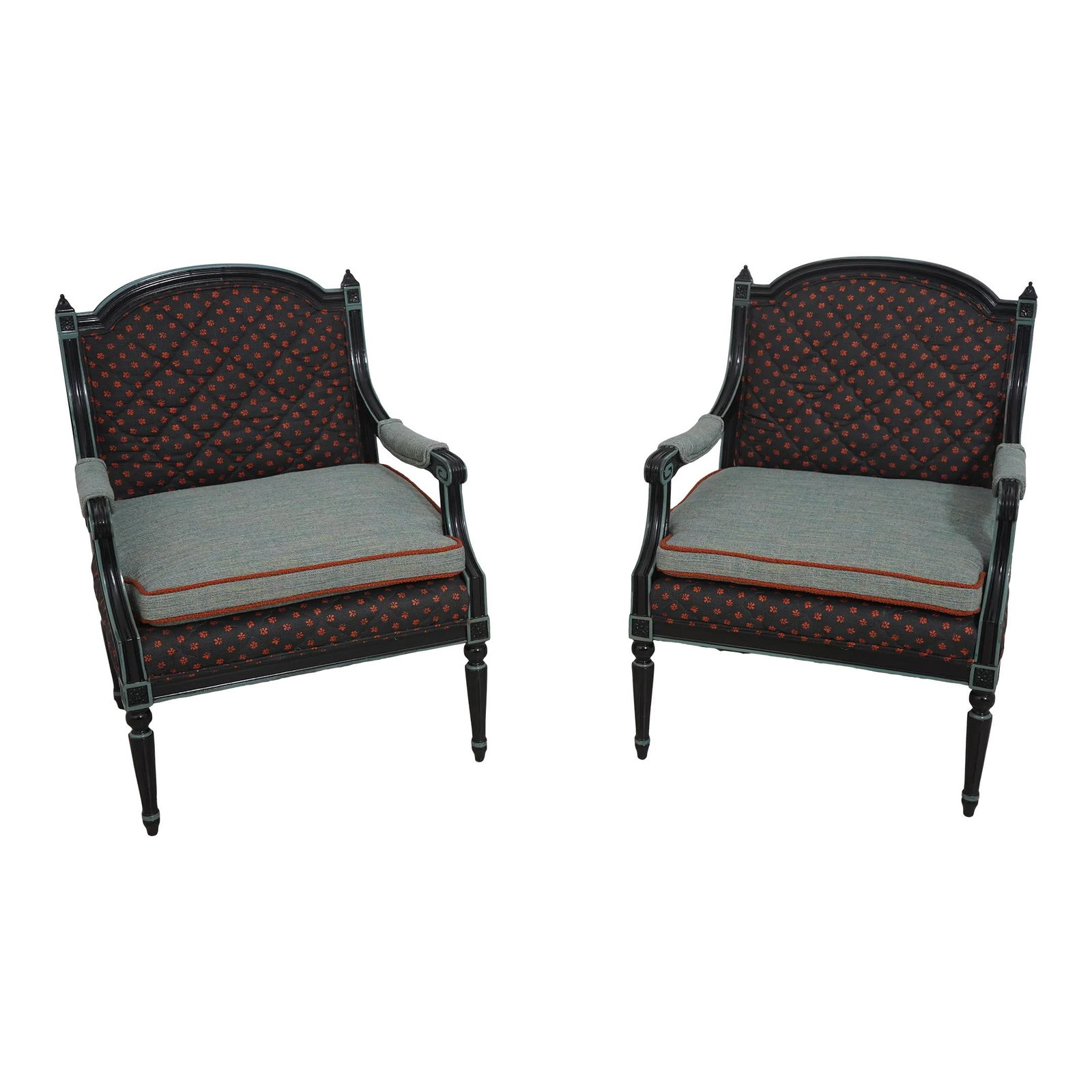 Stunning Pair of French Louis XVI Upholstered Armchairs: Stunning Pair of French Louis XVI Upholstered Armchairs This exquisite pair of French Louis XVI upholstered armchairs embodies timeless elegance and sophistication. Featuring a stunning designer paint