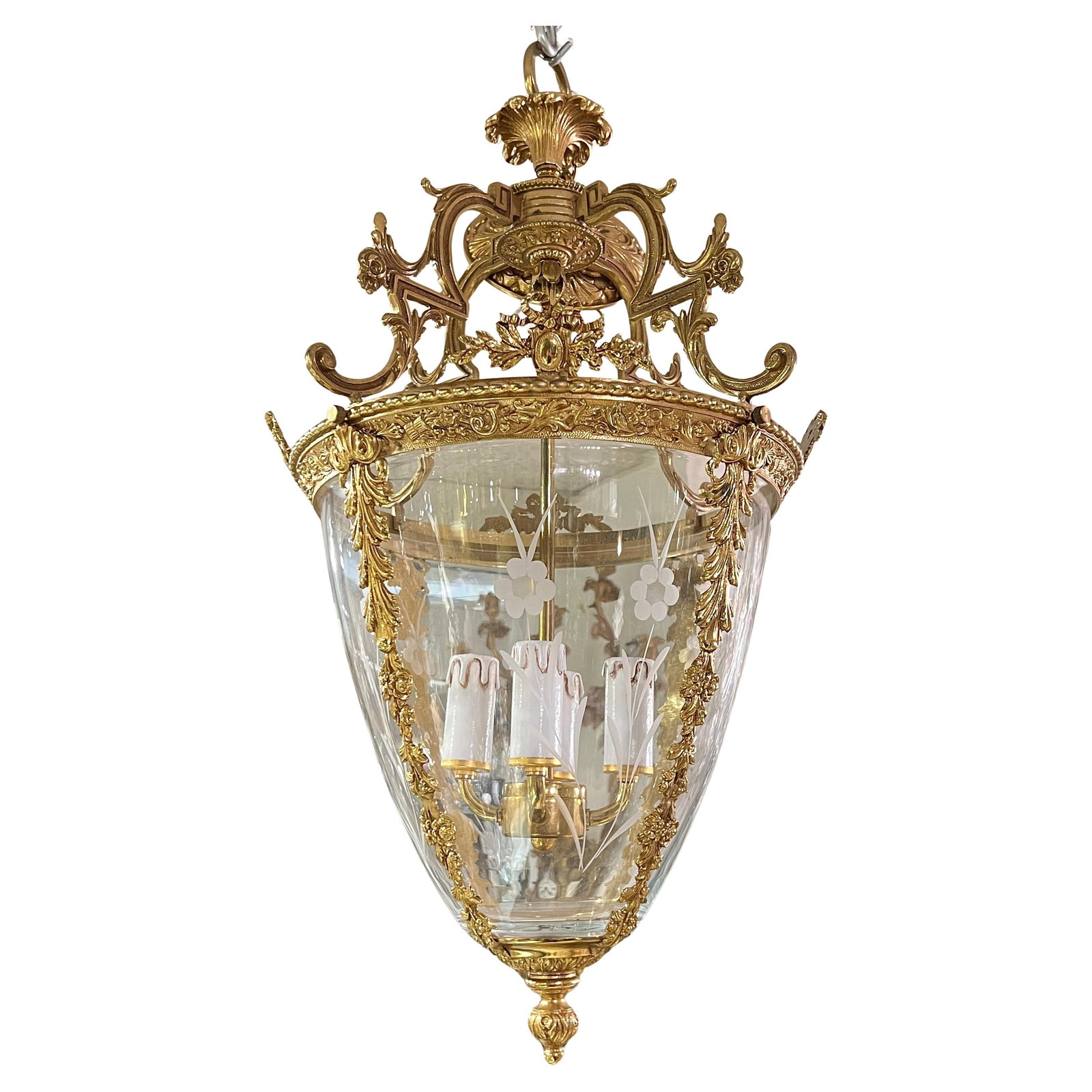 Set of 3 Neoclassical Gilt Bronze Glass Lanterns Louis XVI Style (1 of 9)