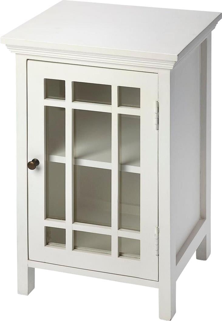 Butler Baxter Glossy White Fretwork Cabinet Table: Butler Baxter Glossy White Fretwork Cabinet Table This elegant Glossy White Fretwork Cabinet Table is a stunning addition to any transitional-style decor. Crafted from a blend of mango wood, MDF, and 