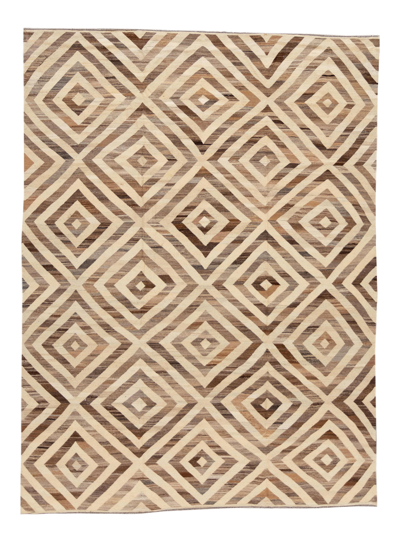 Handmade Wool Modern Kilim Rug Beige Brown Geometric 9'2 x 12'2: Handmade Wool Modern Kilim Rug Beige Brown Geometric 9'2 x 12'2 Enhance your living space with this stunning Modern Kilim hand-knotted wool rug featuring a striking geometric abstract design. The rug 