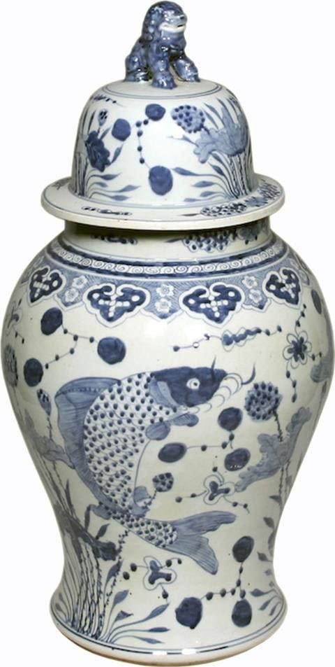 Handcrafted Chinese Fish Temple Jar Blue Porcelain 24H: Handcrafted Chinese Fish Temple Jar Blue Porcelain 24H Discover the elegance of this handcrafted Fish Temple Jar, designed in a charming antique or vintage style. This medium-sized porcelain jar stand