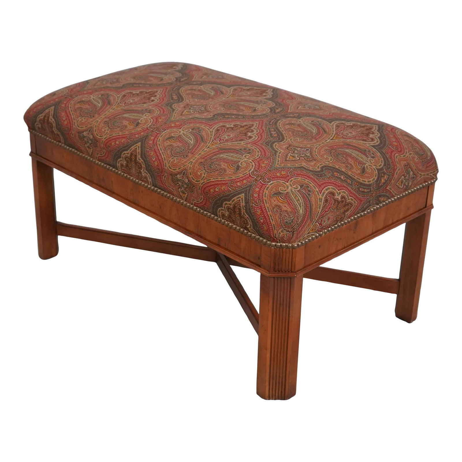 Chippendale Style Yew Wood Bench with New Paisley Upholstery: Chippendale Style Yew Wood Bench with New Paisley Upholstery Introducing a beautifully crafted Chippendale Style Bench made from yew wood, featuring a quality construction with an English style stretc