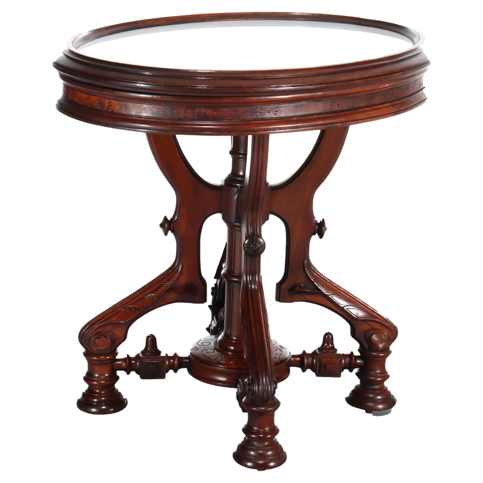Renaissance Revival Walnut and Burl Center Table Attributed to Brooks Circa 1890: Renaissance Revival Walnut and Burl Center Table Attributed to Brooks Circa 1890 This is an antique Renaissance Revival center table attributed to Brooks, dating to approximately 1890. Crafted from wa