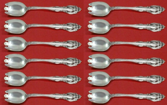 Gorham La Scala Sterling Silver Dessert Forks Set of 12: Gorham La Scala Sterling Silver Dessert Forks Set of 12 Elevate your dining experience with this exquisite 12-piece set of La Scala ice cream dessert forks by Gorham. Crafted from high-quality sterlin