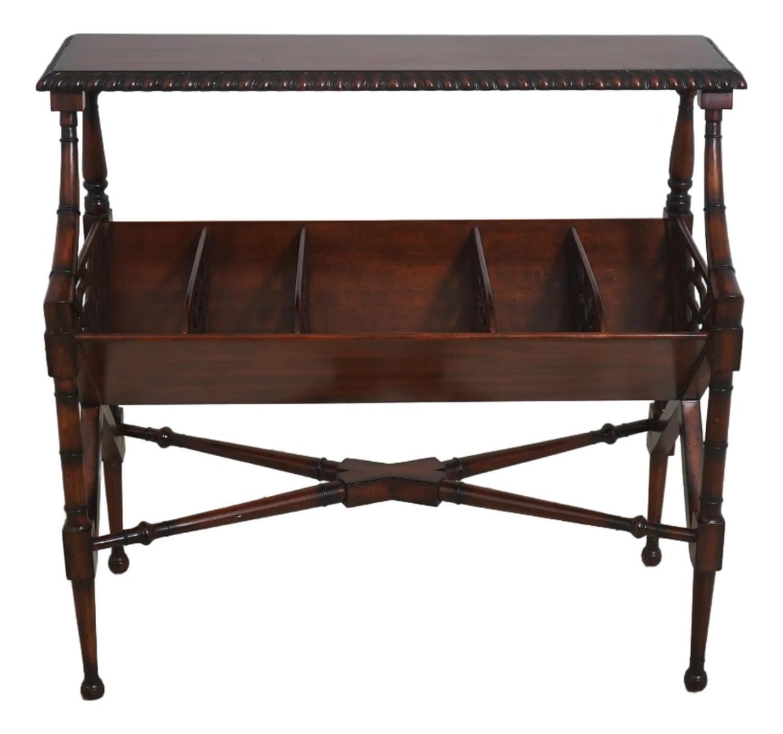 Regency Style Mahogany Magazine Trough With Faux Bamboo Detailing: Regency Style Mahogany Magazine Trough With Faux Bamboo Detailing This Regency style book trough and magazine rack features fine carved details and a rich, high sheen finish. Crafted from mahogany, it