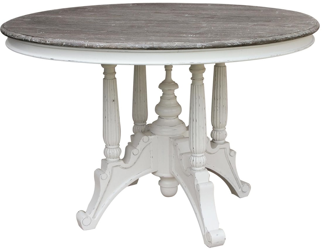 Trade Winds Raffles Round Dining Table in Riverwash White: Trade Winds Raffles Round Dining Table in Riverwash White Enhance your dining experience with this Traditional Round Dining Table, perfect for seating up to four people. Crafted with a durable mahogan