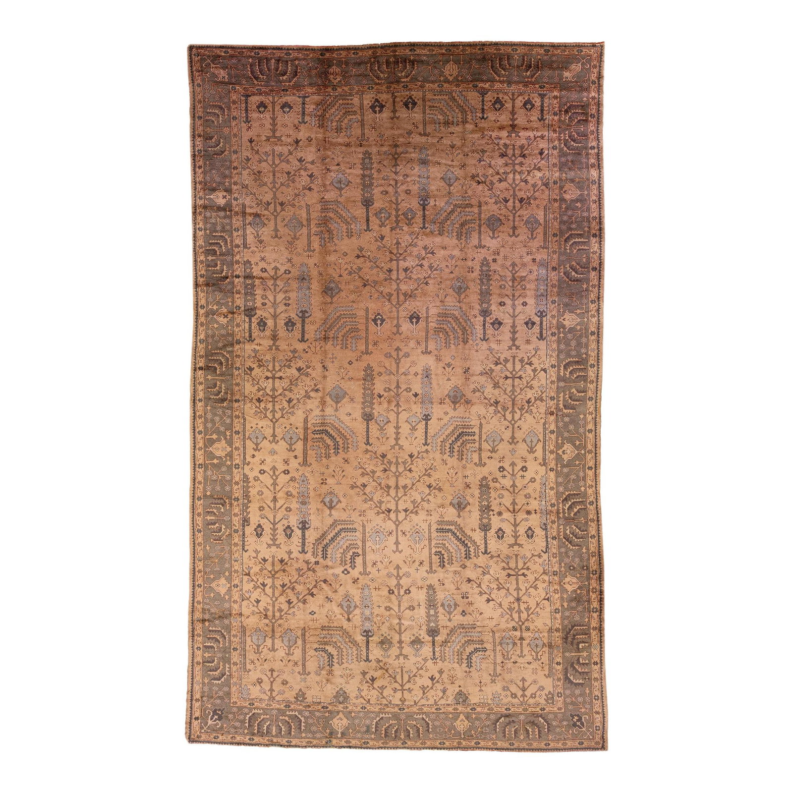 Antique Turkish Oushak Oversized Wool Rug Floral Design 10'8 x 18': Antique Turkish Oushak Oversized Wool Rug Floral Design 10'8 x 18' This stunning Antique Oushak rug features a hand-knotted wool construction with a beautiful tan field. It showcases an intricate all-