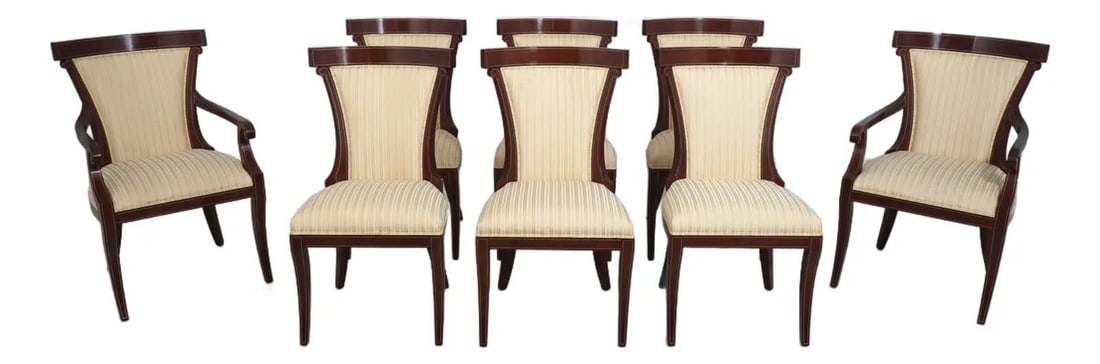 Set of 8 Mahogany Klismos Dining Chairs with Gold Neoclassical Accents: Set of 8 Mahogany Klismos Dining Chairs with Gold Neoclassical Accents This set of eight John Widdicomb dining chairs showcases a neoclassical Klismos style with high-quality construction and elegant 