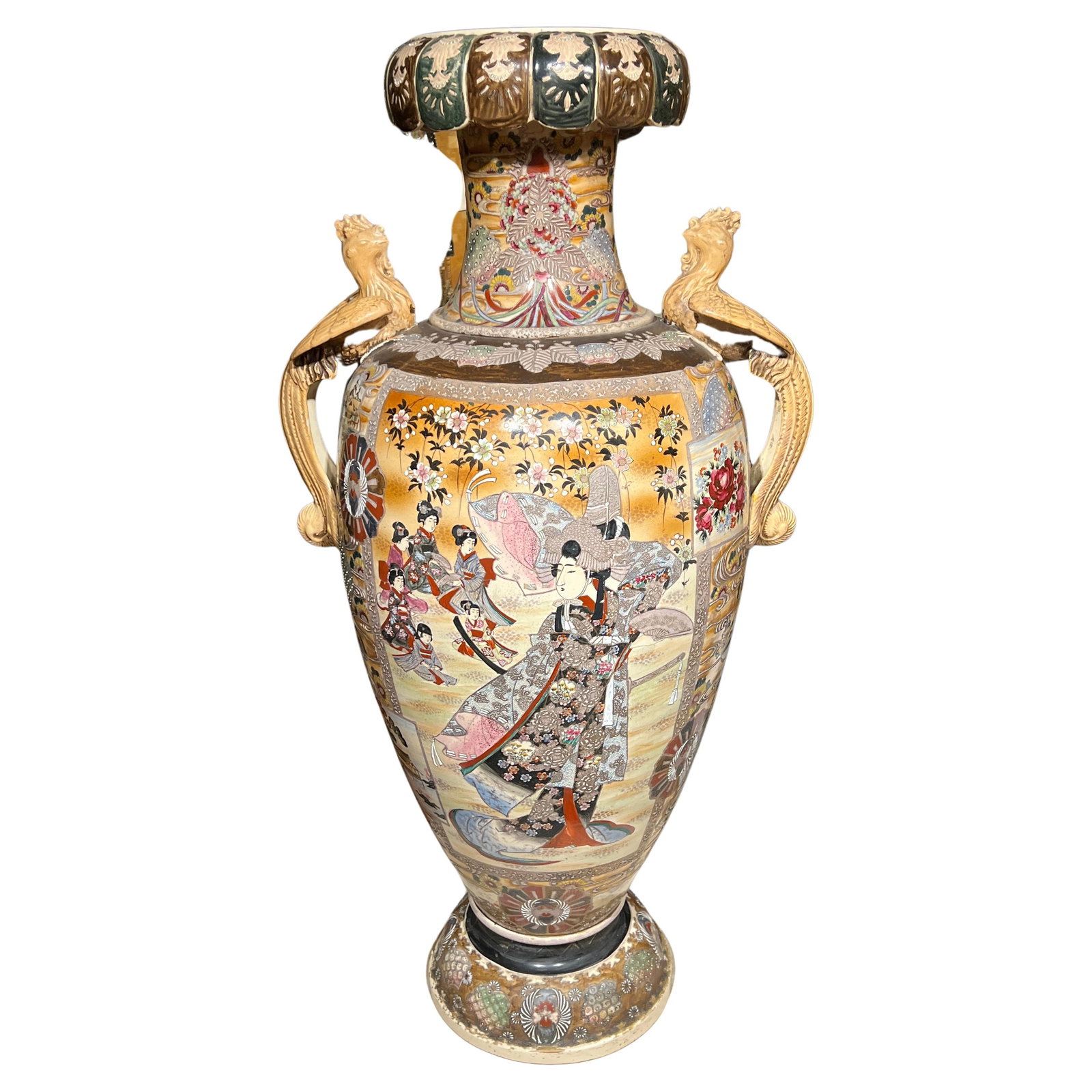Late 19th Century Japanese Satsuma Porcelain Vase with Bird Handles 42 Inch: Late 19th Century Japanese Satsuma Porcelain Vase with Bird Handles 42 Inch This monumental Meiji period Japanese Satsuma vase features exquisite enameled porcelain craftsmanship. The vase is notable 