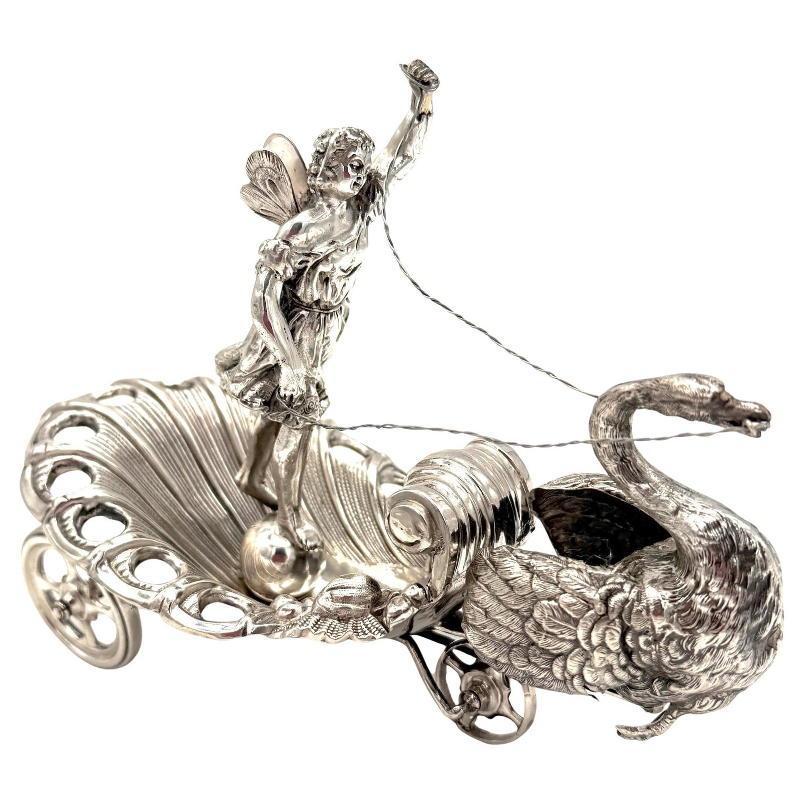 19th Century Russian Sterling Silver Venus Swan Chariot Ornament: 19th Century Russian Sterling Silver Venus Swan Chariot Ornament This exquisite 19th Century Russian silver figural table ornament features the goddess Venus in a scallop shell chariot drawn by a beau