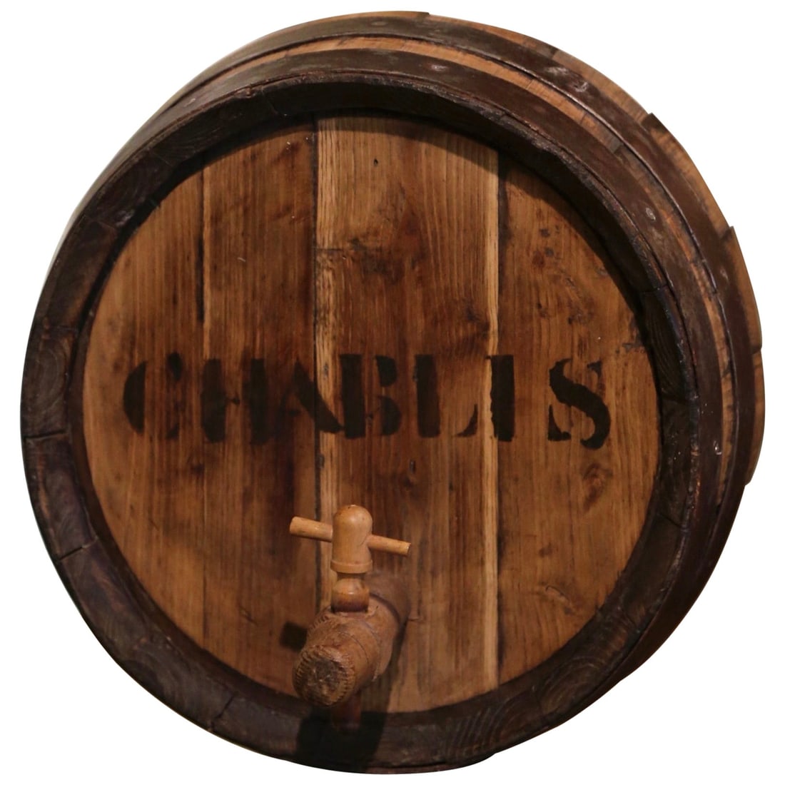 19th Century French Hand-Crafted Oak Wine Barrel Top with Chablis Inscription: 19th Century French Hand-Crafted Oak Wine Barrel Top with Chablis Inscription Enhance your wine cellar with this exquisite 19th Century French decorative wine barrel top, crafted circa 1880 in the Bor