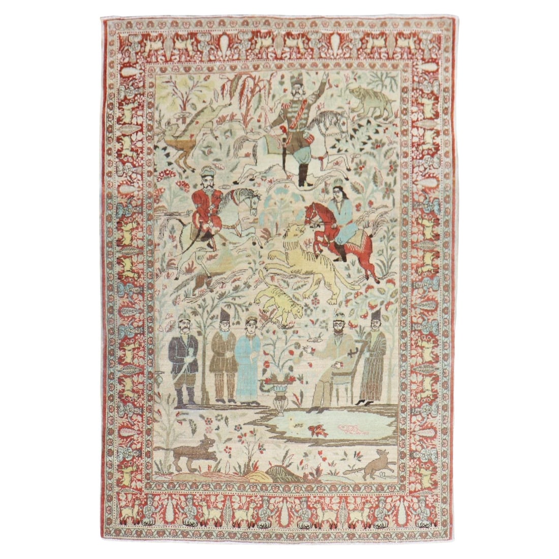Antique Persian Tabriz Wool Scatter Rug 54 x 72 Folk Art Hunting Design (1 of 10)