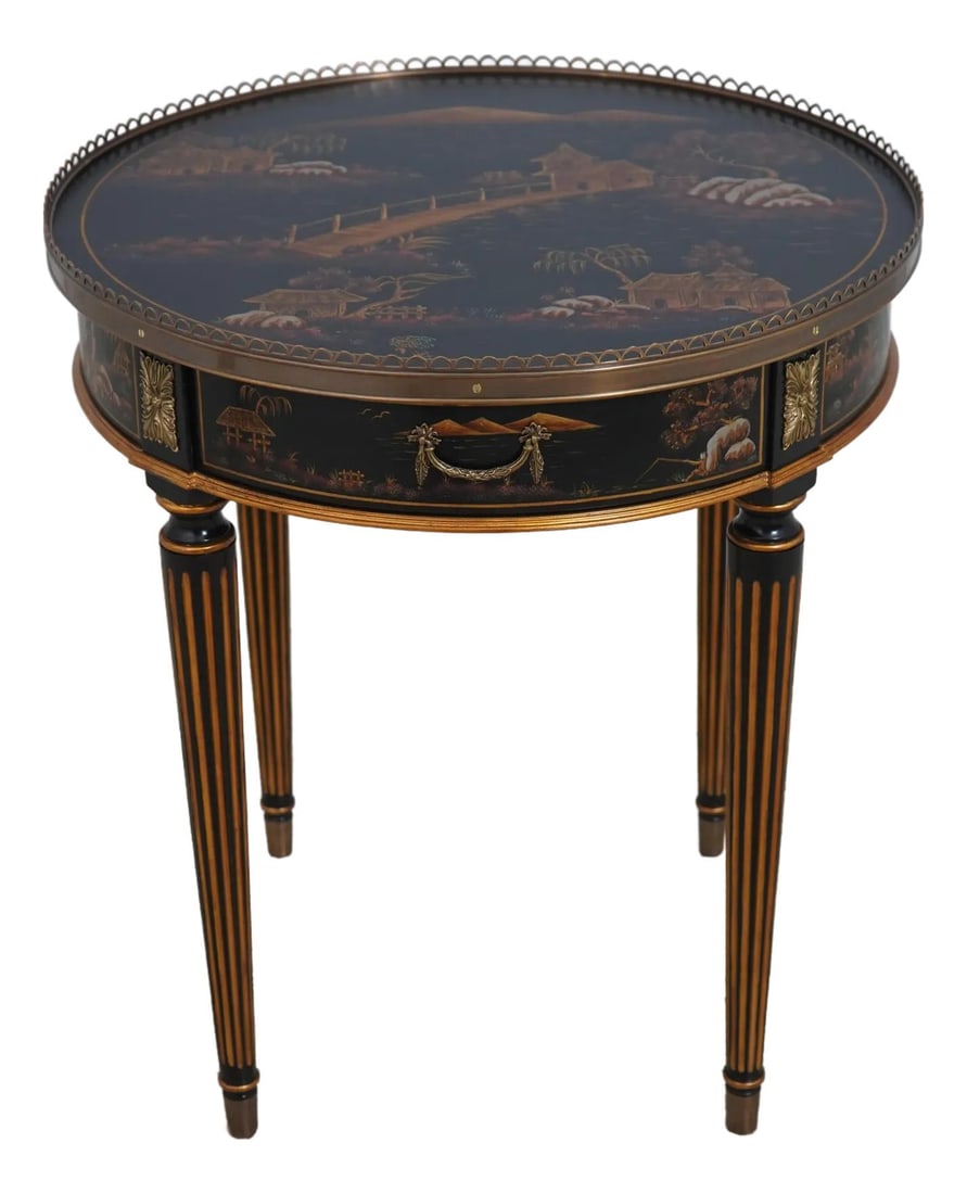 Maitland Smith 89-1016 Chinoiserie Round Table Black Lacquer Brass Trim: Maitland Smith 89-1016 Chinoiserie Round Table Black Lacquer Brass Trim This exquisite Maitland Smith Chinoiserie Round Table is a stunning addition to any decor. Crafted with quality construction, it