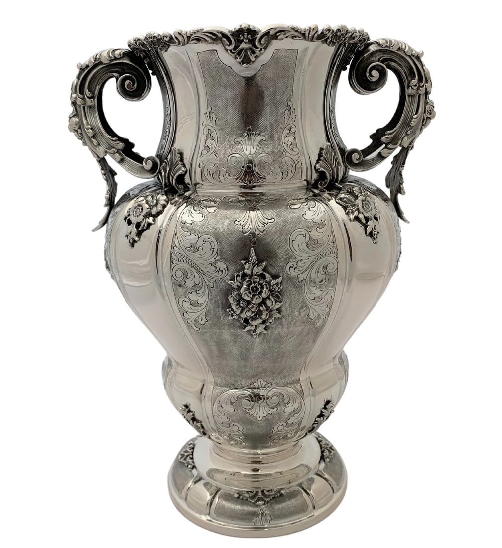Extra Large Italian 800 Silver Handmade Floral Applique Vase 15": Extra Large Italian 800 Silver Handmade Floral Applique Vase 15" This exquisite extra large Italian flower vase is crafted from 800 silver, showcasing intricate handmade floral ornate applique designs