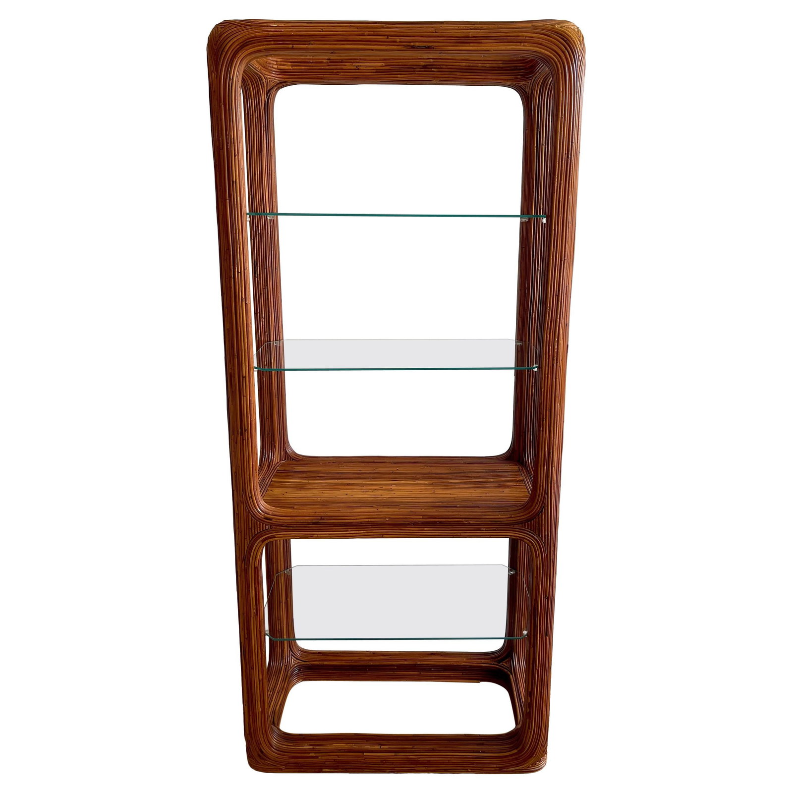 1970s Mid-Century Modern Rattan Glass Etagere Sculptural Design: 1970s Mid-Century Modern Rattan Glass Etagere Sculptural Design This striking 1970s sculptural etagere combines the natural elegance of rattan with the sleek transparency of glass, making it a standou