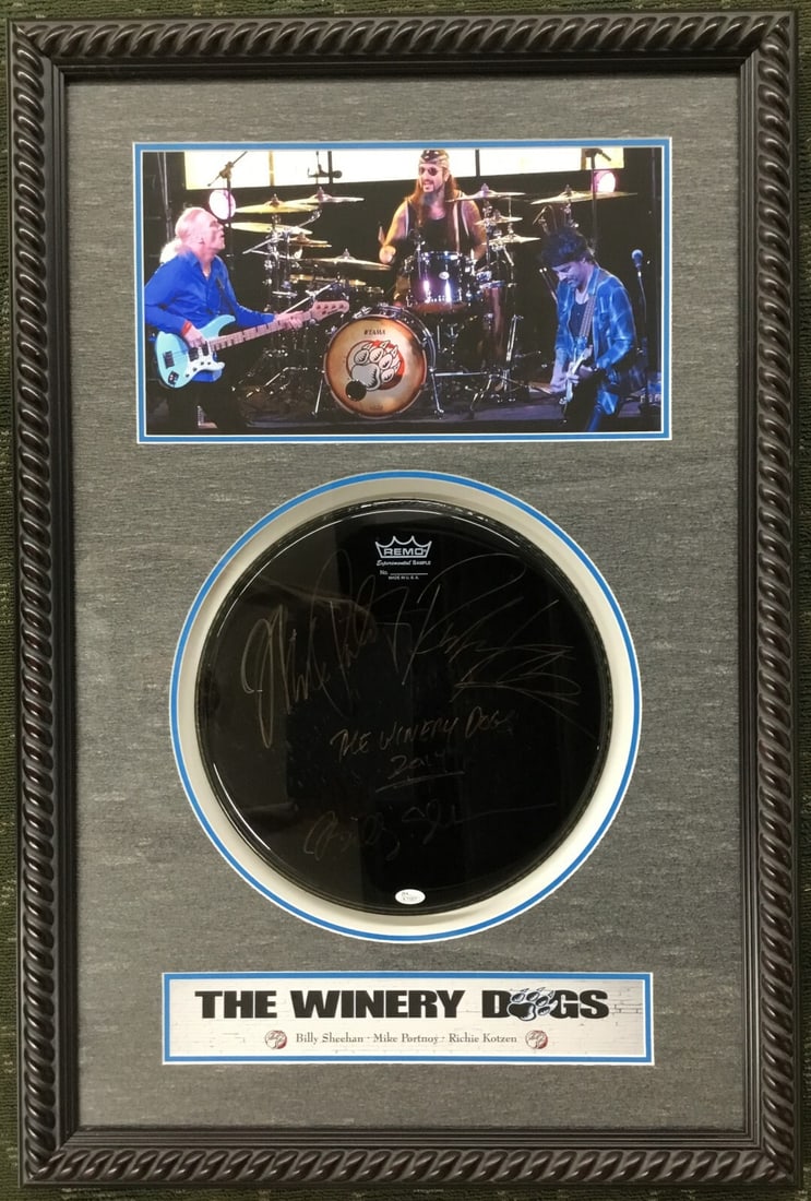 The Winery Dogs Signed Drum Head Custom Framed with JSA Authentication: The Winery Dogs Signed Drum Head Custom Framed with JSA Authentication This is an original, band-signed drumhead from The Winery Dogs, featuring the signatures of renowned musicians Mike Portnoy, Bill