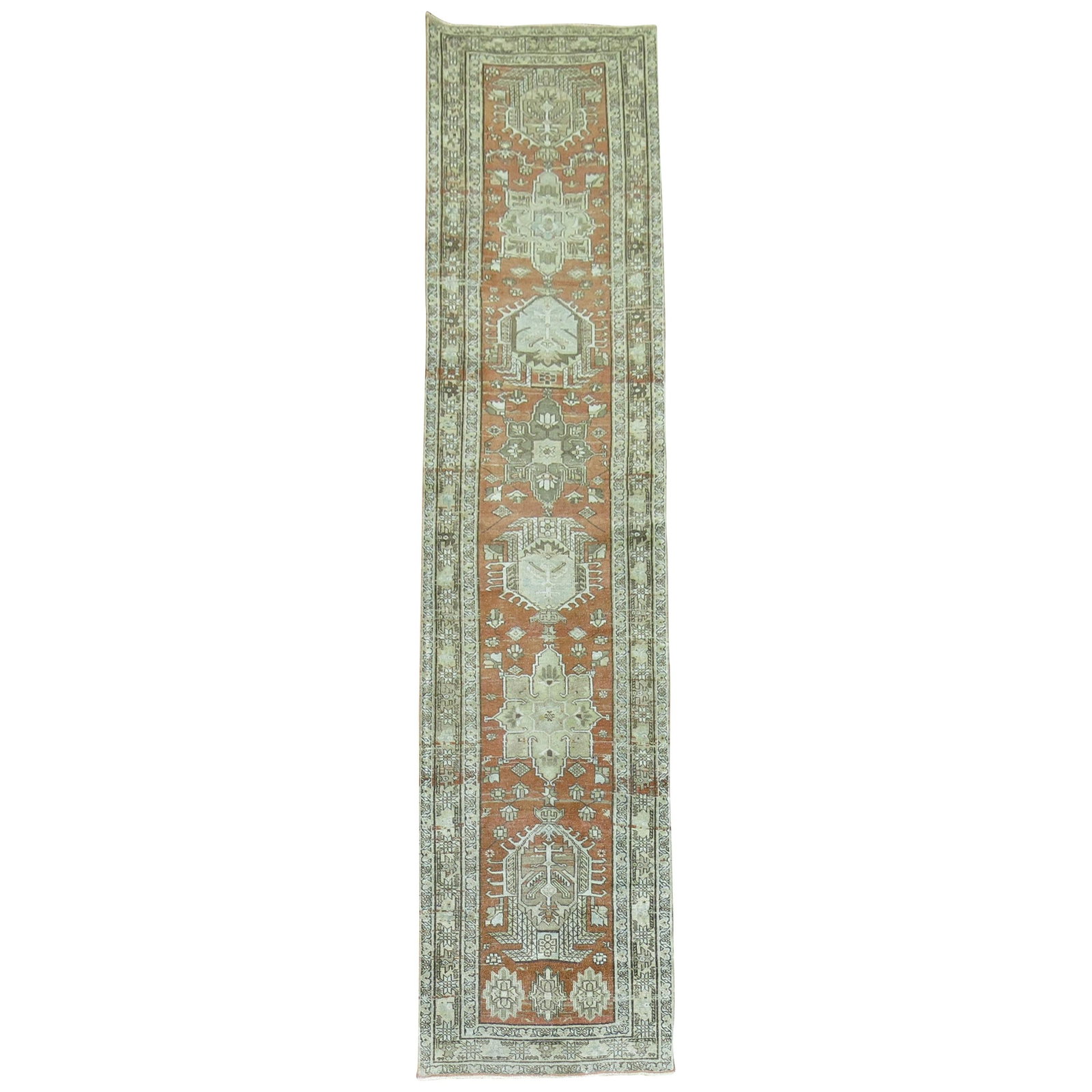 Unique Antique Persian Heriz Runner 33 x 137 Wool Hand-Knotted 1920 Iran: Unique Antique Persian Heriz Runner 33 x 137 Wool Hand-Knotted 1920 Iran This exquisite antique Persian Heriz runner showcases a stunning terracotta brown field adorned with large-scale medallions, co