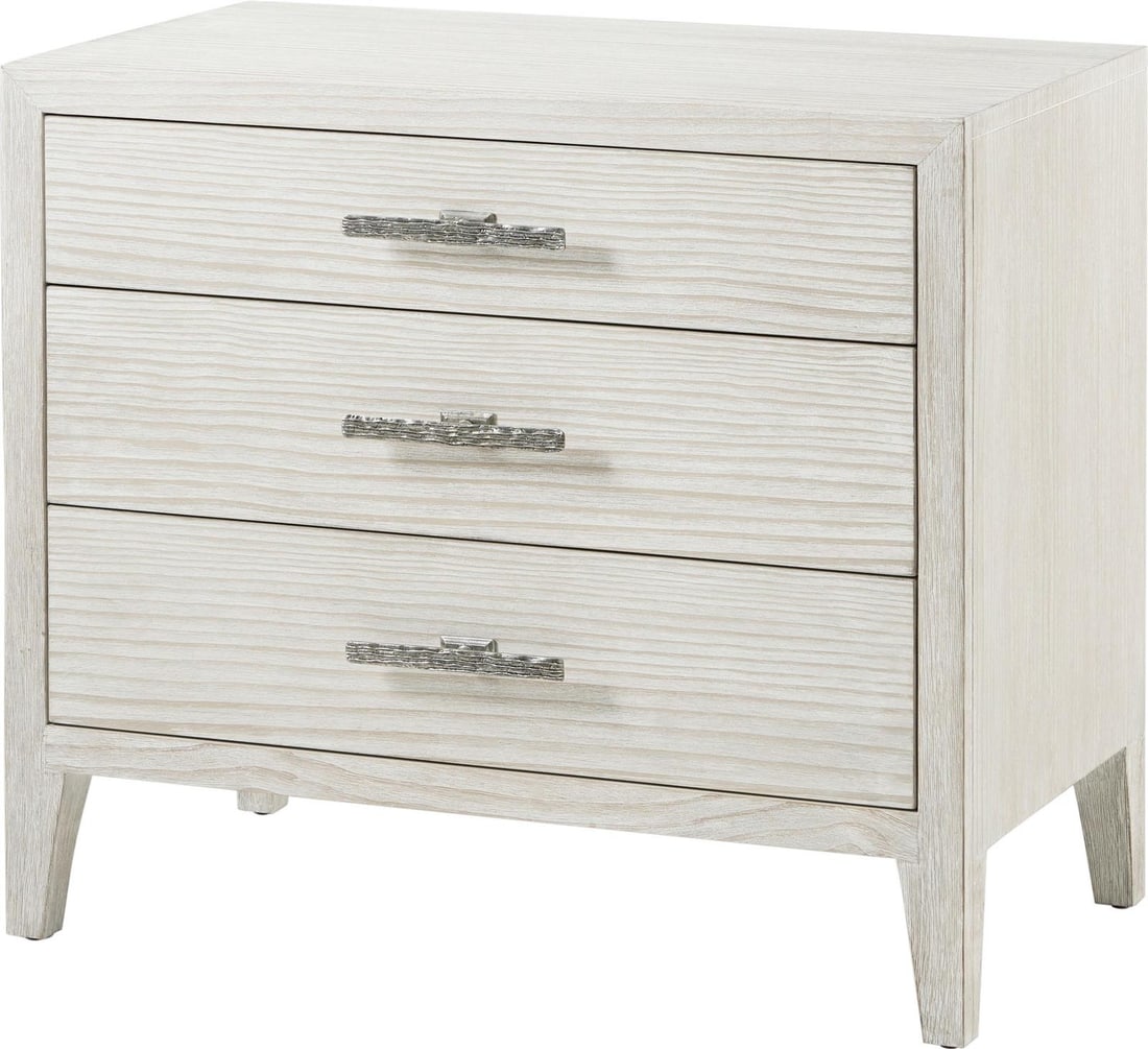 Theodore Alexander Modern Nightstand Aluminum Pine Sea Salt Finish: Theodore Alexander Modern Nightstand Aluminum Pine Sea Salt Finish Elevate your bedroom decor with this modern nightstand, featuring a stylish Sea Salt finish. This versatile piece is perfect for keep