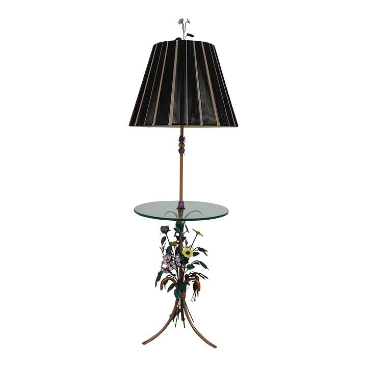 Vintage Decorator Toleware Floral Lamp Table with Glass Top: Vintage Decorator Toleware Floral Lamp Table with Glass Top This exquisite decorator toleware floral base lamp table features a stunning painted floral design that adds a touch of elegance to any spac